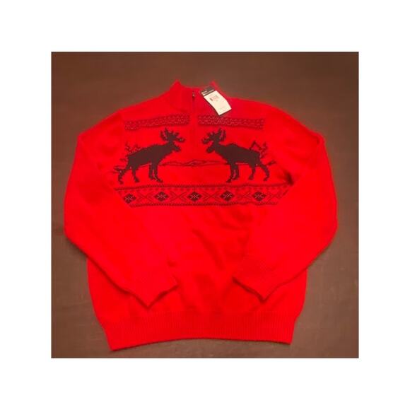NWT Chaps Men’s Medium Moose Fair Isle 1/4-Zip Red Sweater Fall Winter Cabincore - Picture 1 of 7
